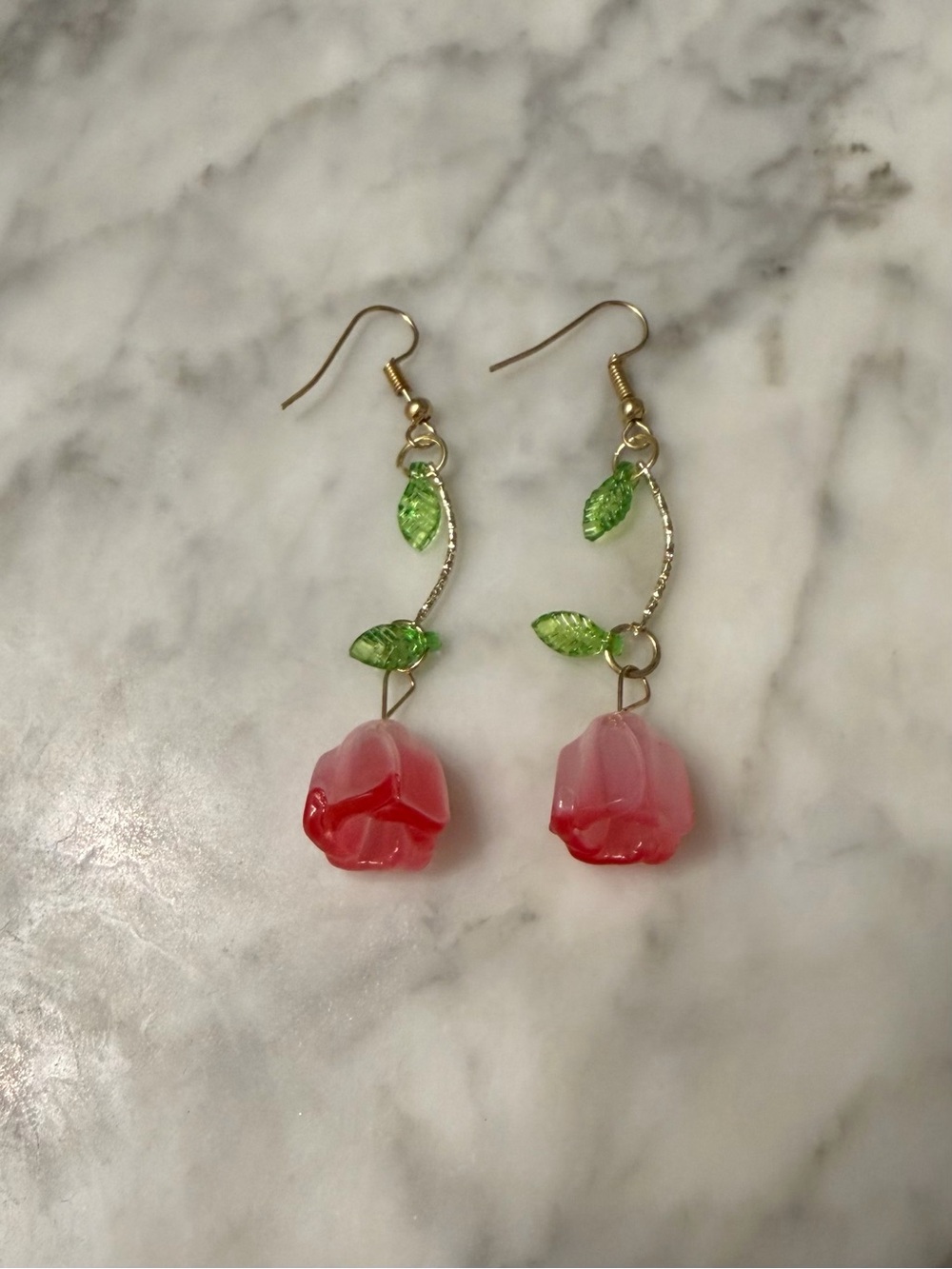 Hand Crafted Resin Pink Rose Drop Earrings with Green Leaves | Gold Plated
